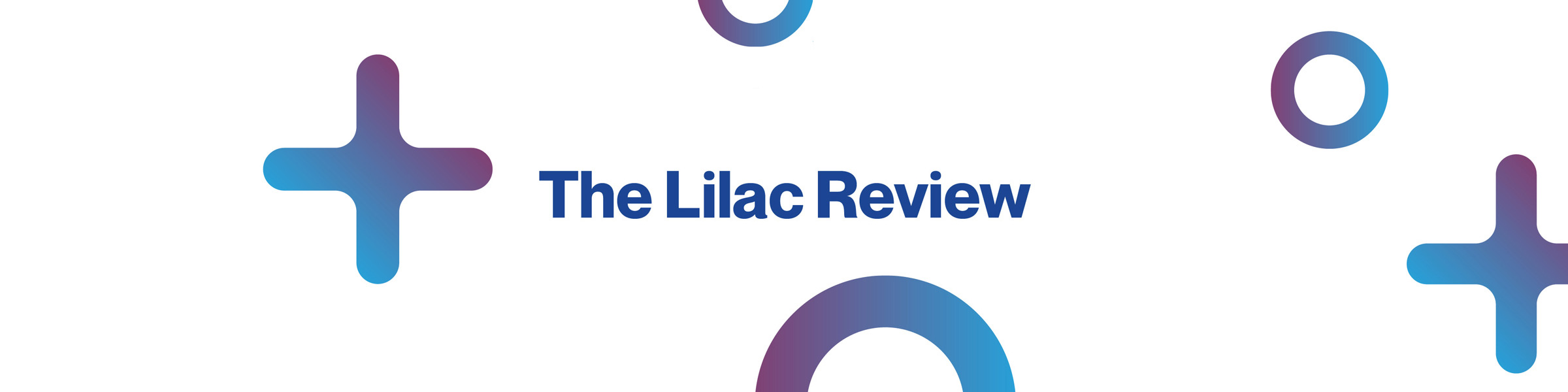 A white background with the words 'The Lilac Review' in the centre. The words are surrounded by various shapes in shades of blue and purple.